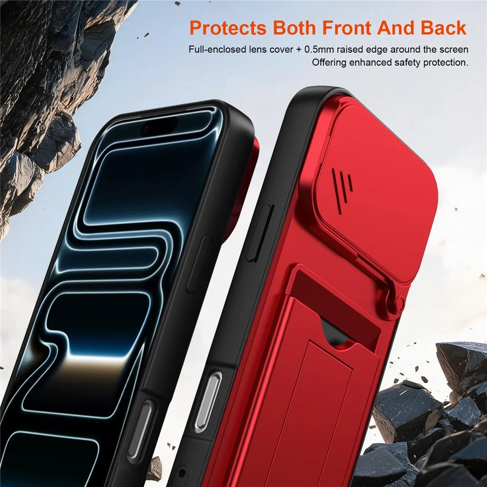 For iPhone 17 Pro Max Case Slide Camera Cover Kickstand PC + TPU Phone Shell with Card Holder - Red - 7