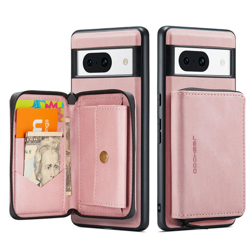 CASEME for Google Pixel 8a JEEHOOD Case  J02 Leather Back Cover with Detachable Zipper Card Holder Kickstand - Pink - 1