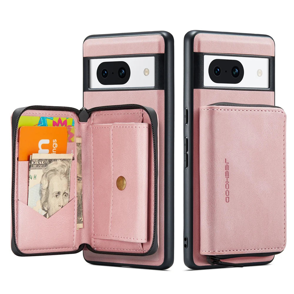 CASEME for Google Pixel 8a JEEHOOD Case  J02 Leather Back Cover with Detachable Zipper Card Holder Kickstand - Pink - 1