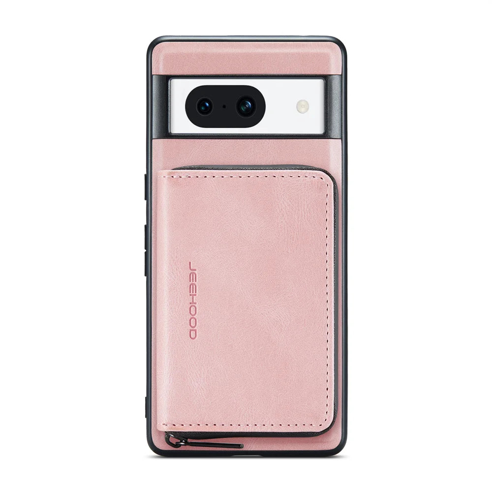 CASEME for Google Pixel 8a JEEHOOD Case  J02 Leather Back Cover with Detachable Zipper Card Holder Kickstand - Pink - 2