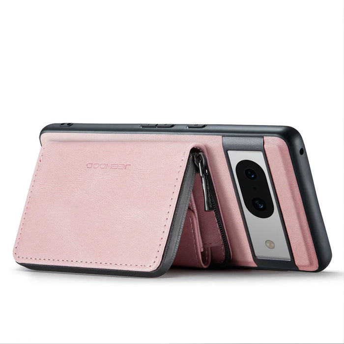 CASEME for Google Pixel 8a JEEHOOD Case  J02 Leather Back Cover with Detachable Zipper Card Holder Kickstand - Pink - 3