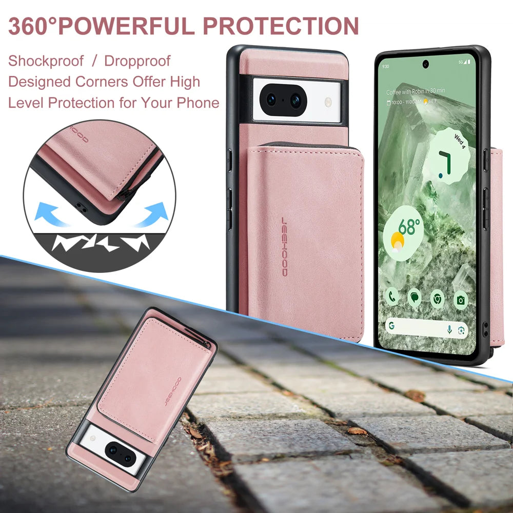 CASEME for Google Pixel 8a JEEHOOD Case  J02 Leather Back Cover with Detachable Zipper Card Holder Kickstand - Pink - 6