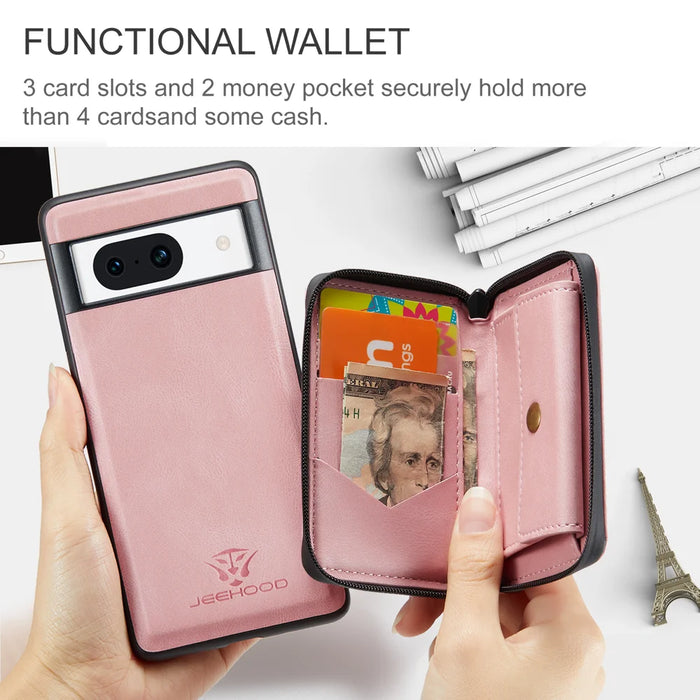 CASEME for Google Pixel 8a JEEHOOD Case  J02 Leather Back Cover with Detachable Zipper Card Holder Kickstand - Pink - 7