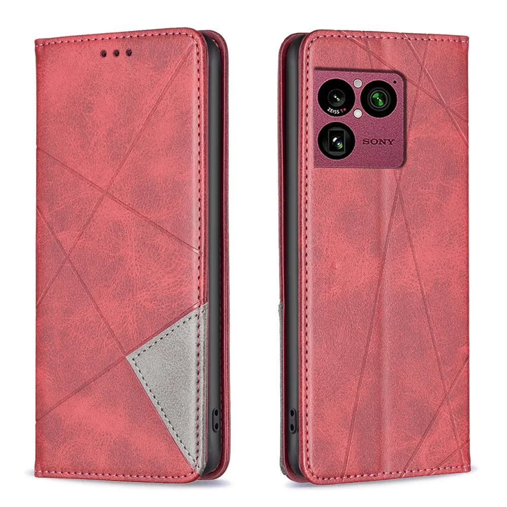 For Sony Xperia 1 VIII Case Card Slots Geometry Imprint Leather Phone Cover - Red - 1