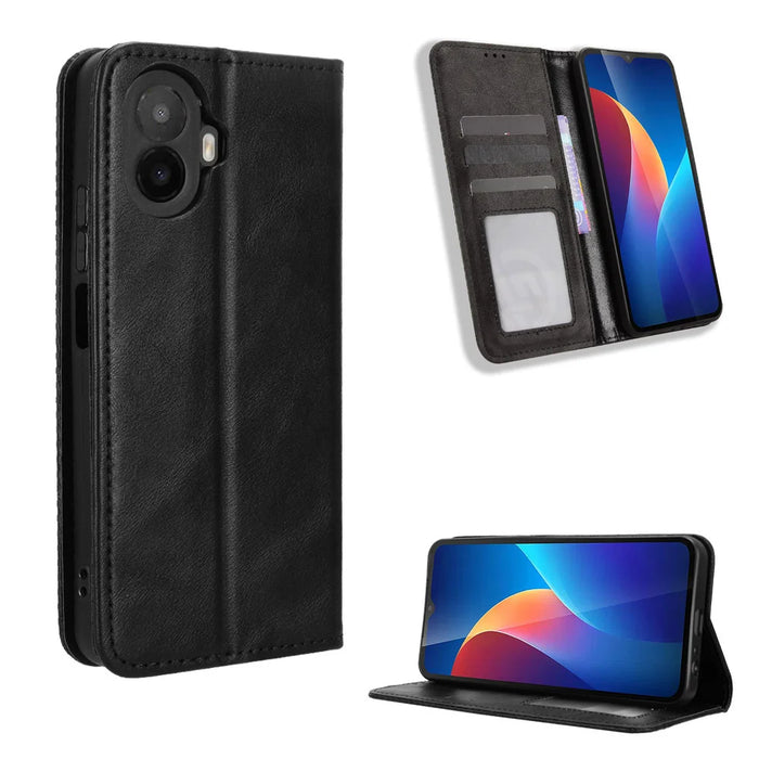 For TCL K70 5G Leather Case Wallet Stand Retro Texture Phone Cover - Black - 1