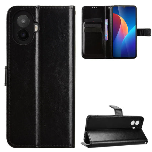 For TCL K70 5G PU Leather Case with Strap Crazy Horse Texture Phone Wallet Cover - Black - 1