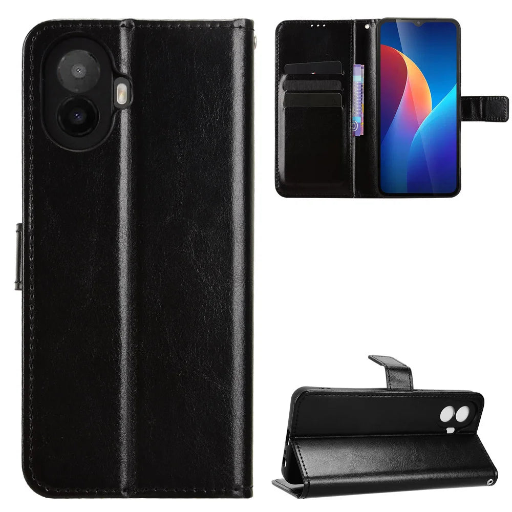 For TCL K70 5G PU Leather Case with Strap Crazy Horse Texture Phone Wallet Cover - Black - 1
