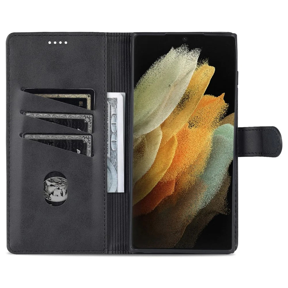 AZNS For Samsung Galaxy S23 Ultra PU Leather Magnetic Flip Cover Stand Wallet Drop Protection Phone Case - Black - 3