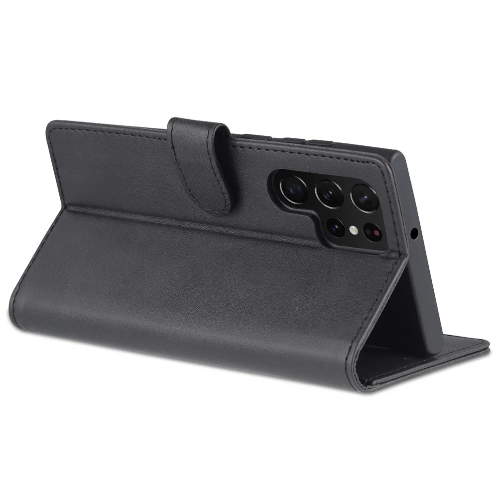 AZNS For Samsung Galaxy S23 Ultra PU Leather Magnetic Flip Cover Stand Wallet Drop Protection Phone Case - Black - 4