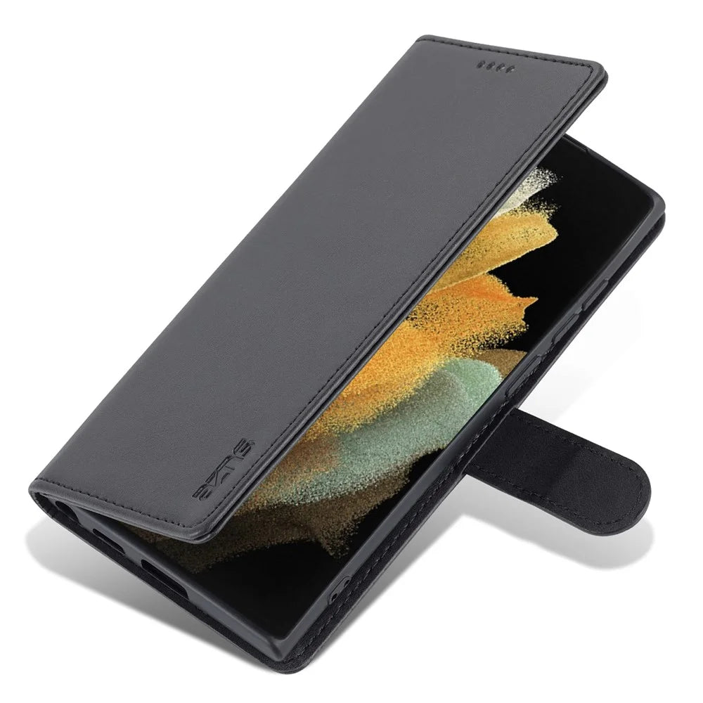 AZNS For Samsung Galaxy S23 Ultra PU Leather Magnetic Flip Cover Stand Wallet Drop Protection Phone Case - Black - 5
