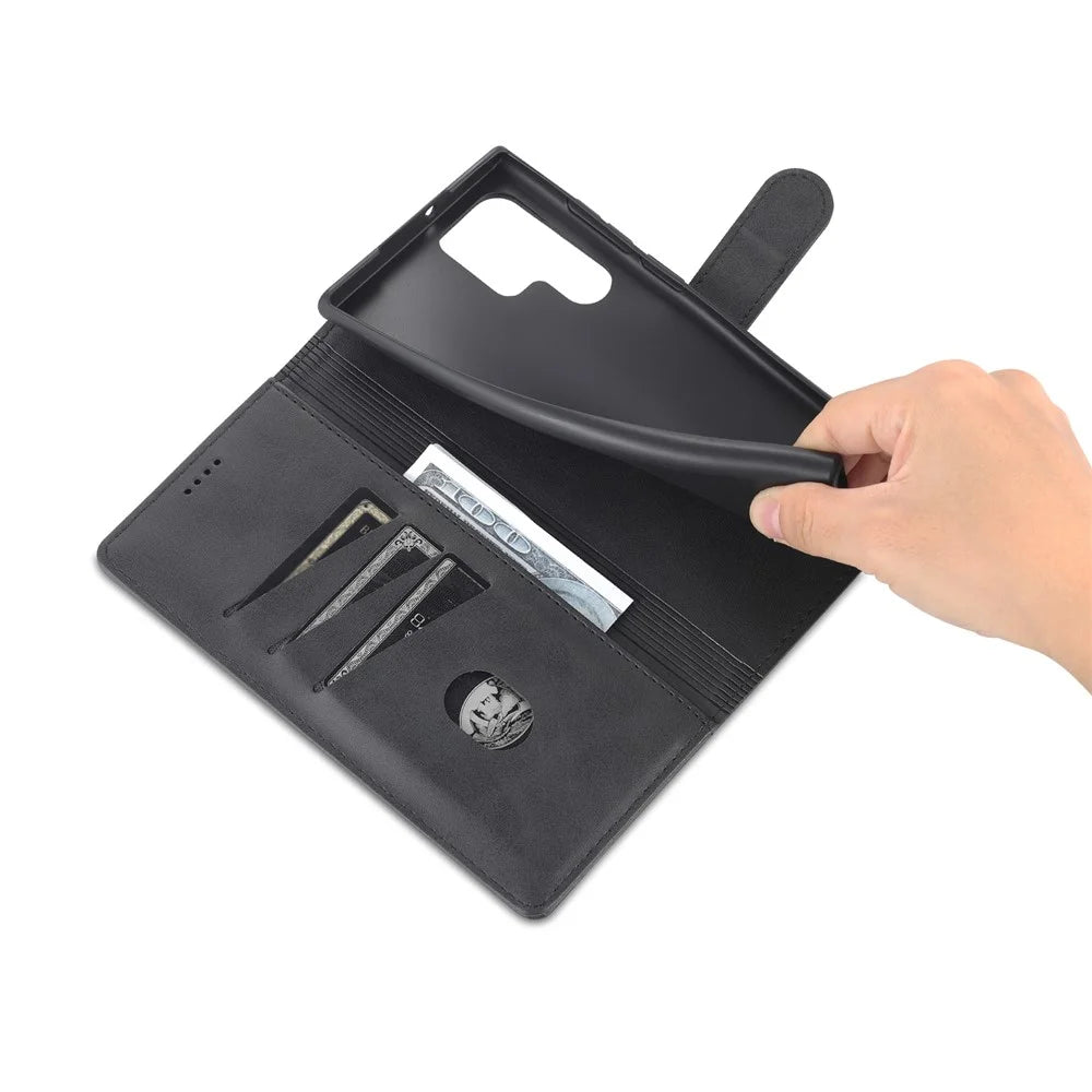 AZNS For Samsung Galaxy S23 Ultra PU Leather Magnetic Flip Cover Stand Wallet Drop Protection Phone Case - Black - 6