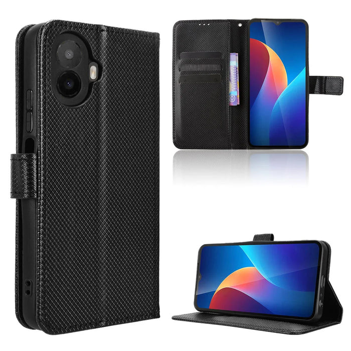For TCL K70 5G Leather Wallet Case with Strap Diamond Texture Phone Cover - Black - 1