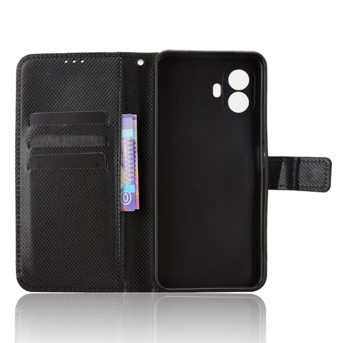For TCL K70 5G Leather Wallet Case with Strap Diamond Texture Phone Cover - Black - 5