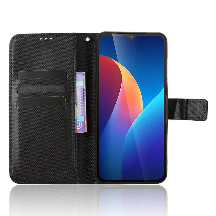 For TCL K70 5G Leather Wallet Case with Strap Diamond Texture Phone Cover - Black - 6