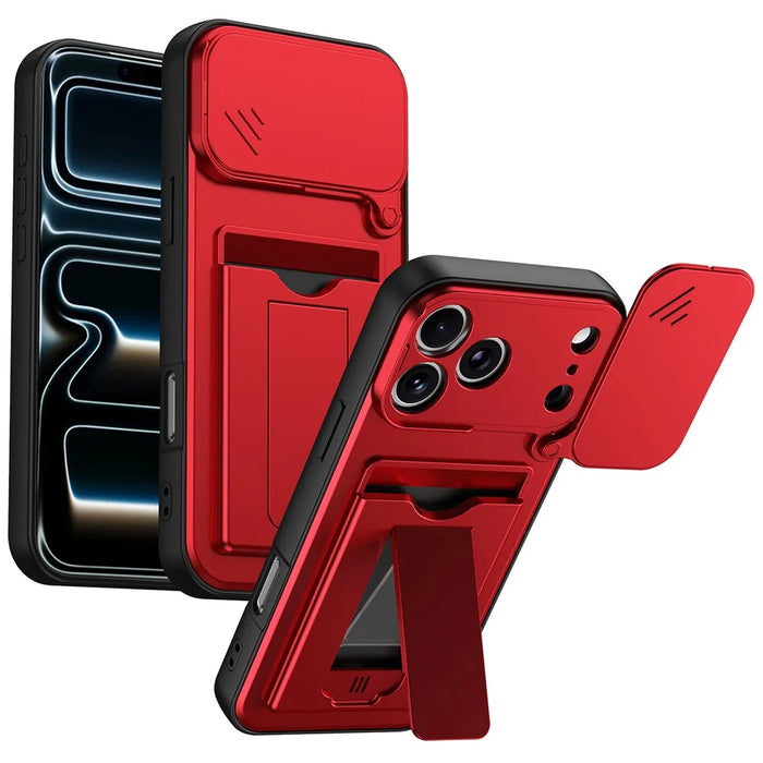 For iPhone 17 Pro Case Slide Camera Cover Kickstand PC + TPU Phone Shell with Card Holder - Red - 1