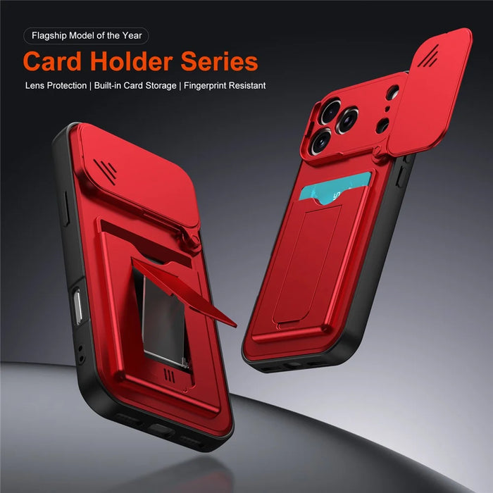 For iPhone 17 Pro Case Slide Camera Cover Kickstand PC + TPU Phone Shell with Card Holder - Red - 2