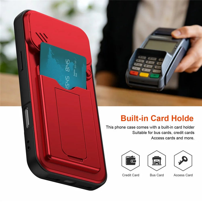 For iPhone 17 Pro Case Slide Camera Cover Kickstand PC + TPU Phone Shell with Card Holder - Red - 3