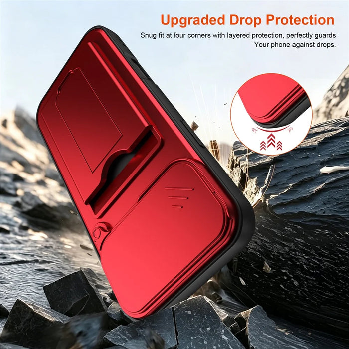 For iPhone 17 Pro Case Slide Camera Cover Kickstand PC + TPU Phone Shell with Card Holder - Red - 4