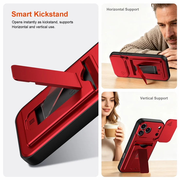 For iPhone 17 Pro Case Slide Camera Cover Kickstand PC + TPU Phone Shell with Card Holder - Red - 5