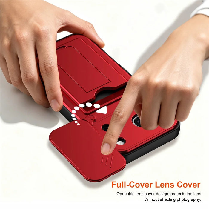 For iPhone 17 Pro Case Slide Camera Cover Kickstand PC + TPU Phone Shell with Card Holder - Red - 6