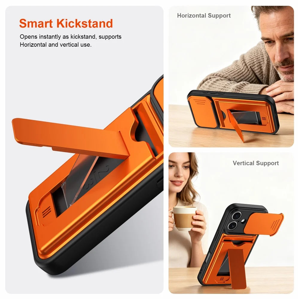For iPhone 17 Case Slide Camera Cover Kickstand PC + TPU Phone Shell with Card Holder - Orange - 4