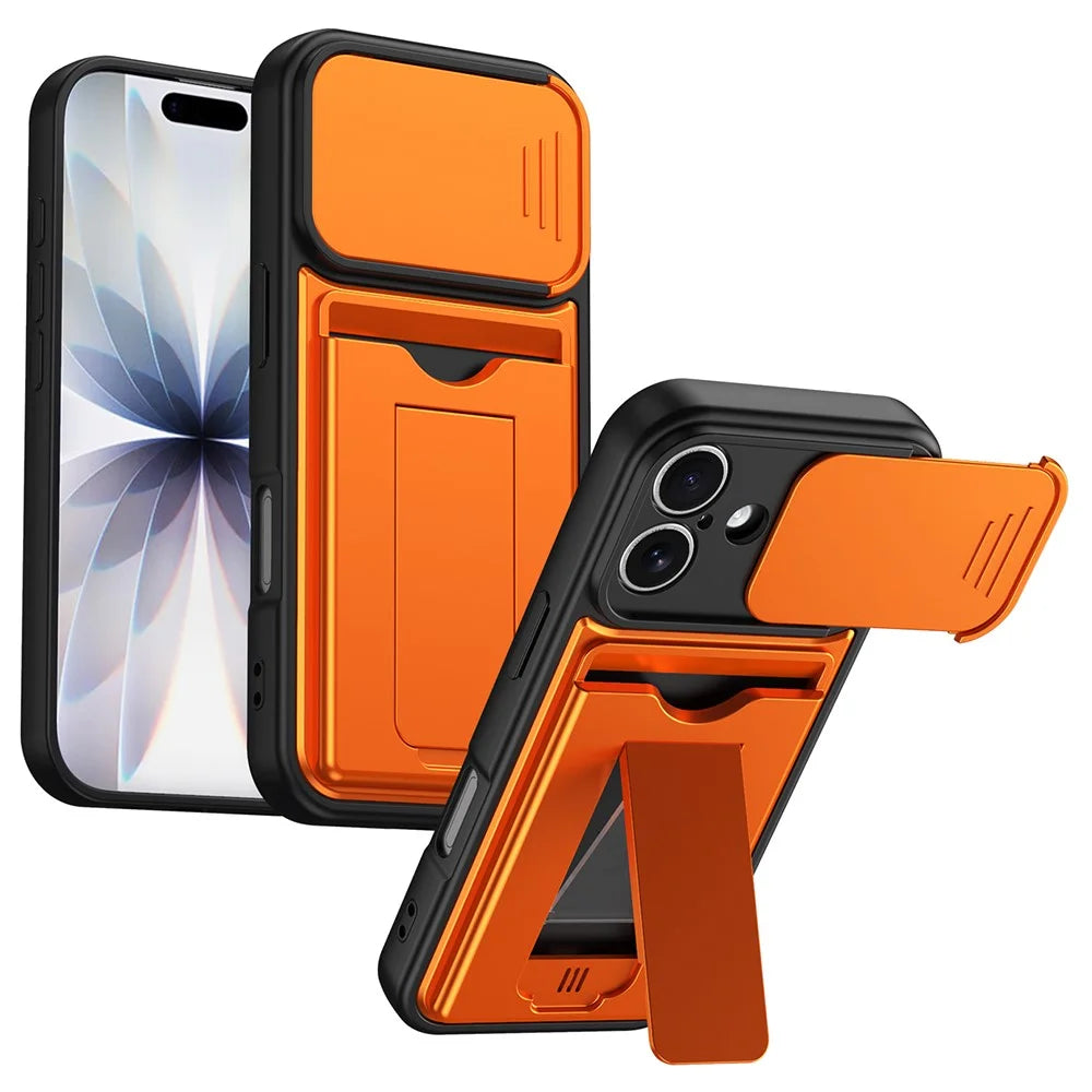 For iPhone 16 Case Slide Camera Cover Kickstand PC + TPU Phone Shell with Card Holder - Orange - 1