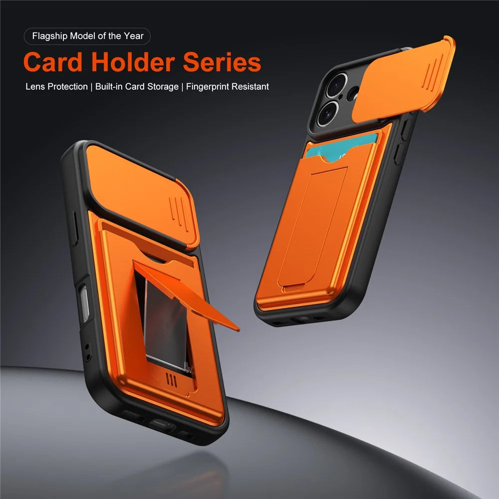 For iPhone 16 Case Slide Camera Cover Kickstand PC + TPU Phone Shell with Card Holder - Orange - 2