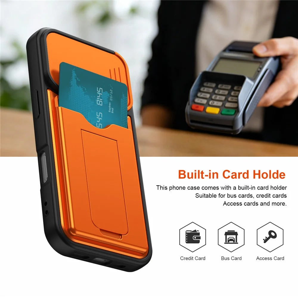 For iPhone 16 Case Slide Camera Cover Kickstand PC + TPU Phone Shell with Card Holder - Orange - 3