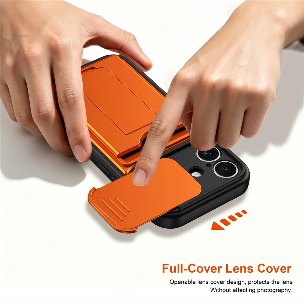 For iPhone 16 Case Slide Camera Cover Kickstand PC + TPU Phone Shell with Card Holder - Orange - 5