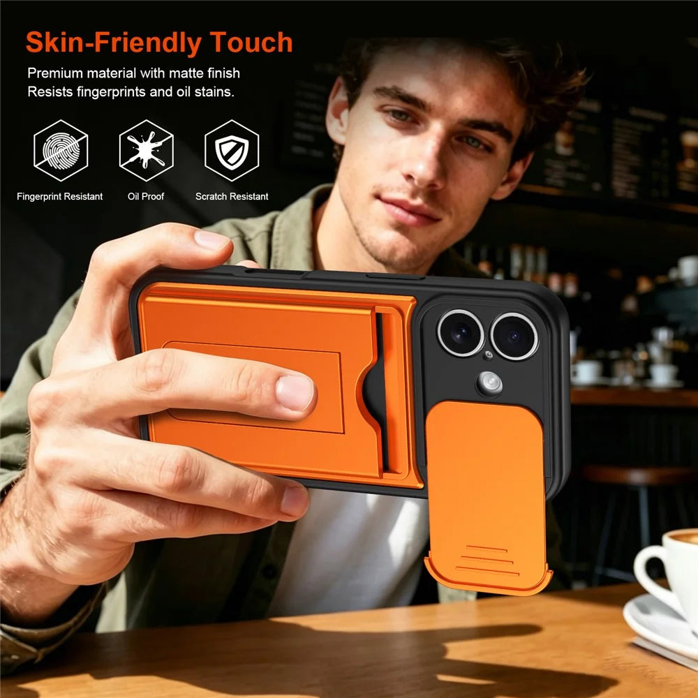 For iPhone 16 Case Slide Camera Cover Kickstand PC + TPU Phone Shell with Card Holder - Orange - 6