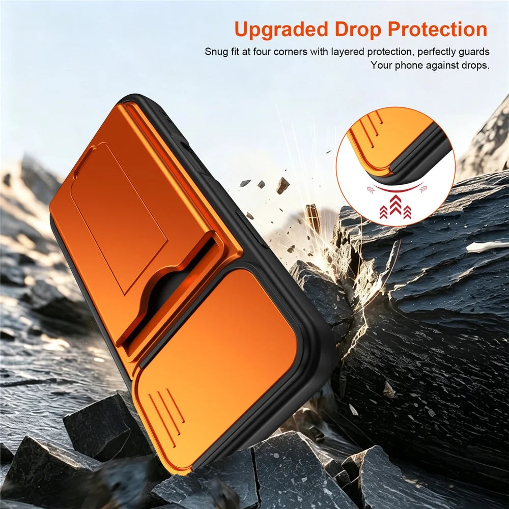 For iPhone 16 Case Slide Camera Cover Kickstand PC + TPU Phone Shell with Card Holder - Orange - 7