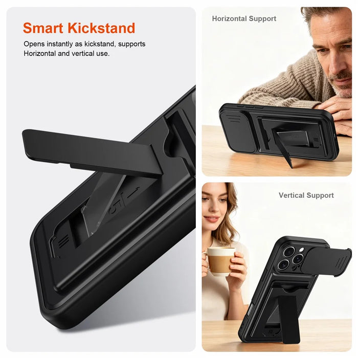 For iPhone 16 Pro Case Slide Camera Cover Kickstand PC + TPU Phone Shell with Card Holder - Black - 4
