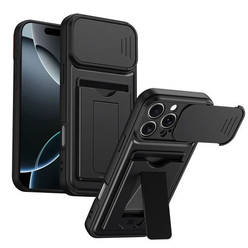 For iPhone 16 Pro Max Case Slide Camera Cover Kickstand PC + TPU Phone Shell with Card Holder - Black - 1