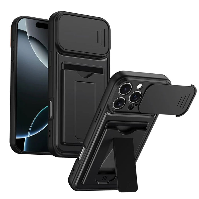 For iPhone 16 Pro Max Case Slide Camera Cover Kickstand PC + TPU Phone Shell with Card Holder - Black - 1