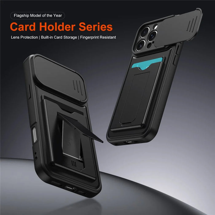 For iPhone 16 Pro Max Case Slide Camera Cover Kickstand PC + TPU Phone Shell with Card Holder - Black - 2