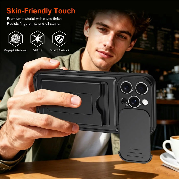 For iPhone 16 Pro Max Case Slide Camera Cover Kickstand PC + TPU Phone Shell with Card Holder - Black - 6