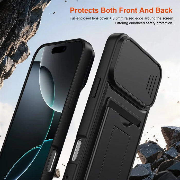 For iPhone 16 Pro Max Case Slide Camera Cover Kickstand PC + TPU Phone Shell with Card Holder - Black - 7