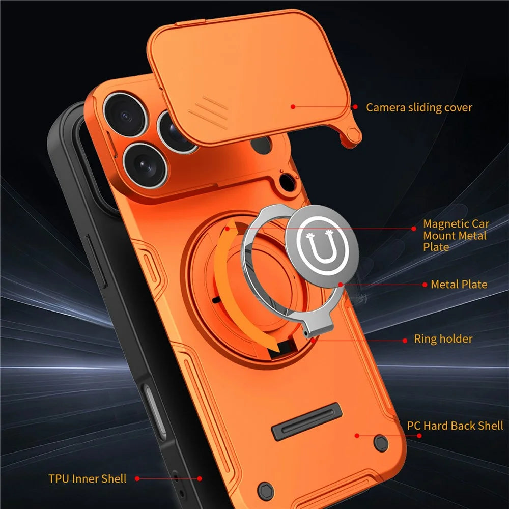 For iPhone 17 Pro Case Sliding Camera Cover Ring Kickstand PC + TPU Phone Shell with Tempered Glass Film - Orange - 6