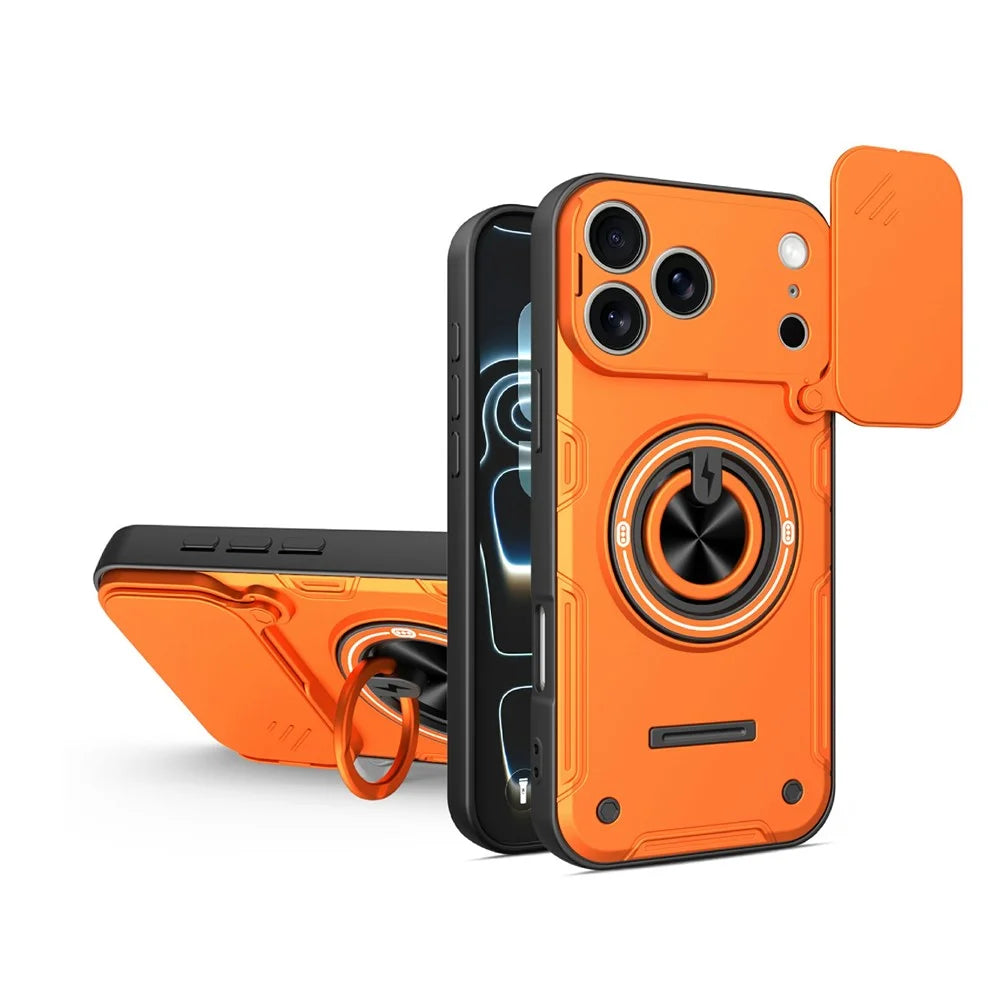 For iPhone 17 Pro Max Case Sliding Camera Cover Ring Kickstand PC + TPU Phone Shell with Tempered Glass Film - Orange - 1