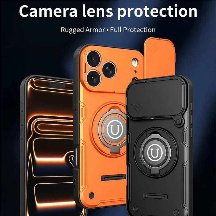 For iPhone 17 Pro Max Case Sliding Camera Cover Ring Kickstand PC + TPU Phone Shell with Tempered Glass Film - Orange - 2