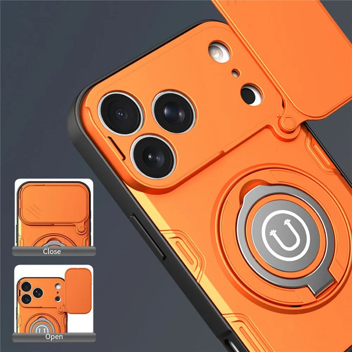 For iPhone 17 Pro Max Case Sliding Camera Cover Ring Kickstand PC + TPU Phone Shell with Tempered Glass Film - Orange - 3