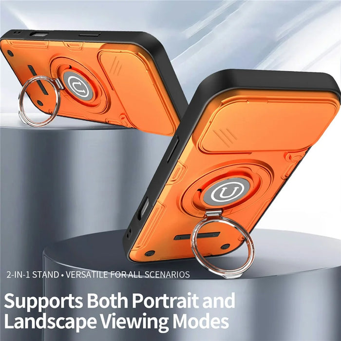 For iPhone 17 Pro Max Case Sliding Camera Cover Ring Kickstand PC + TPU Phone Shell with Tempered Glass Film - Orange - 4
