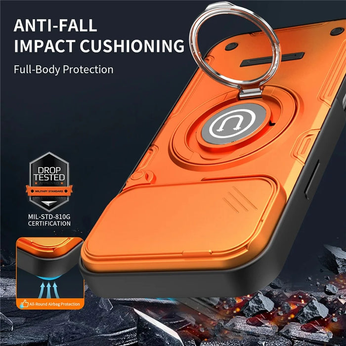 For iPhone 17 Pro Max Case Sliding Camera Cover Ring Kickstand PC + TPU Phone Shell with Tempered Glass Film - Orange - 5