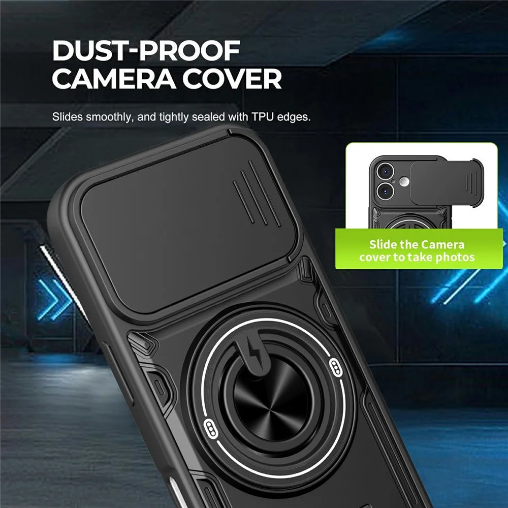 For iPhone 17 Case Sliding Camera Cover Ring Kickstand PC + TPU Phone Shell with Tempered Glass Film - Orange - 5