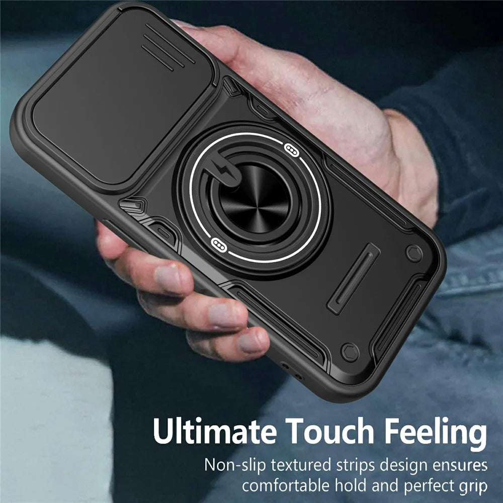 For iPhone 17 Case Sliding Camera Cover Ring Kickstand PC + TPU Phone Shell with Tempered Glass Film - Orange - 6