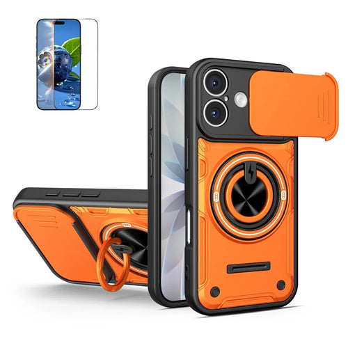 For iPhone 16 Case Sliding Camera Cover Ring Kickstand PC + TPU Phone Shell with Tempered Glass Film - Orange - 1