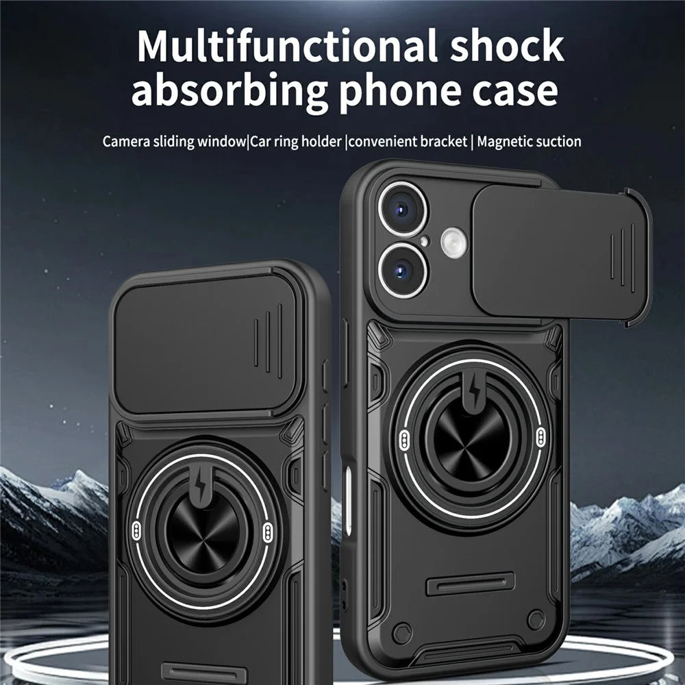 For iPhone 16 Case Sliding Camera Cover Ring Kickstand PC + TPU Phone Shell with Tempered Glass Film - Orange - 2