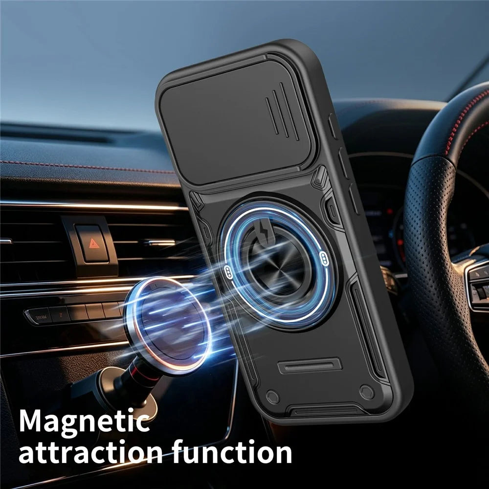For iPhone 16 Case Sliding Camera Cover Ring Kickstand PC + TPU Phone Shell with Tempered Glass Film - Orange - 3