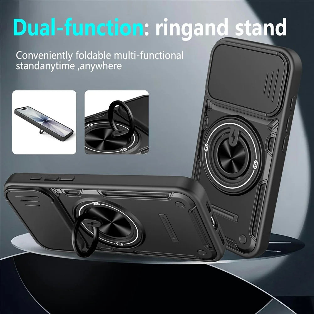 For iPhone 16 Case Sliding Camera Cover Ring Kickstand PC + TPU Phone Shell with Tempered Glass Film - Orange - 7