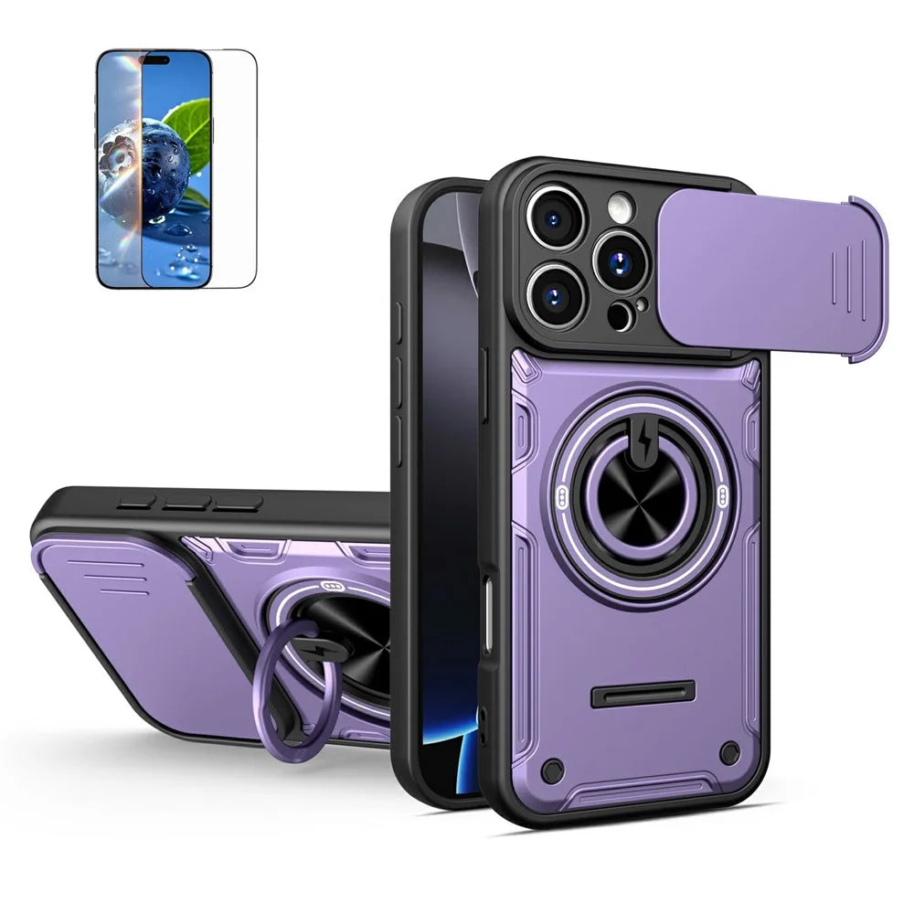 For iPhone 16 Pro Case Sliding Camera Cover Ring Kickstand PC + TPU Phone Shell with Tempered Glass Film - Purple - 1